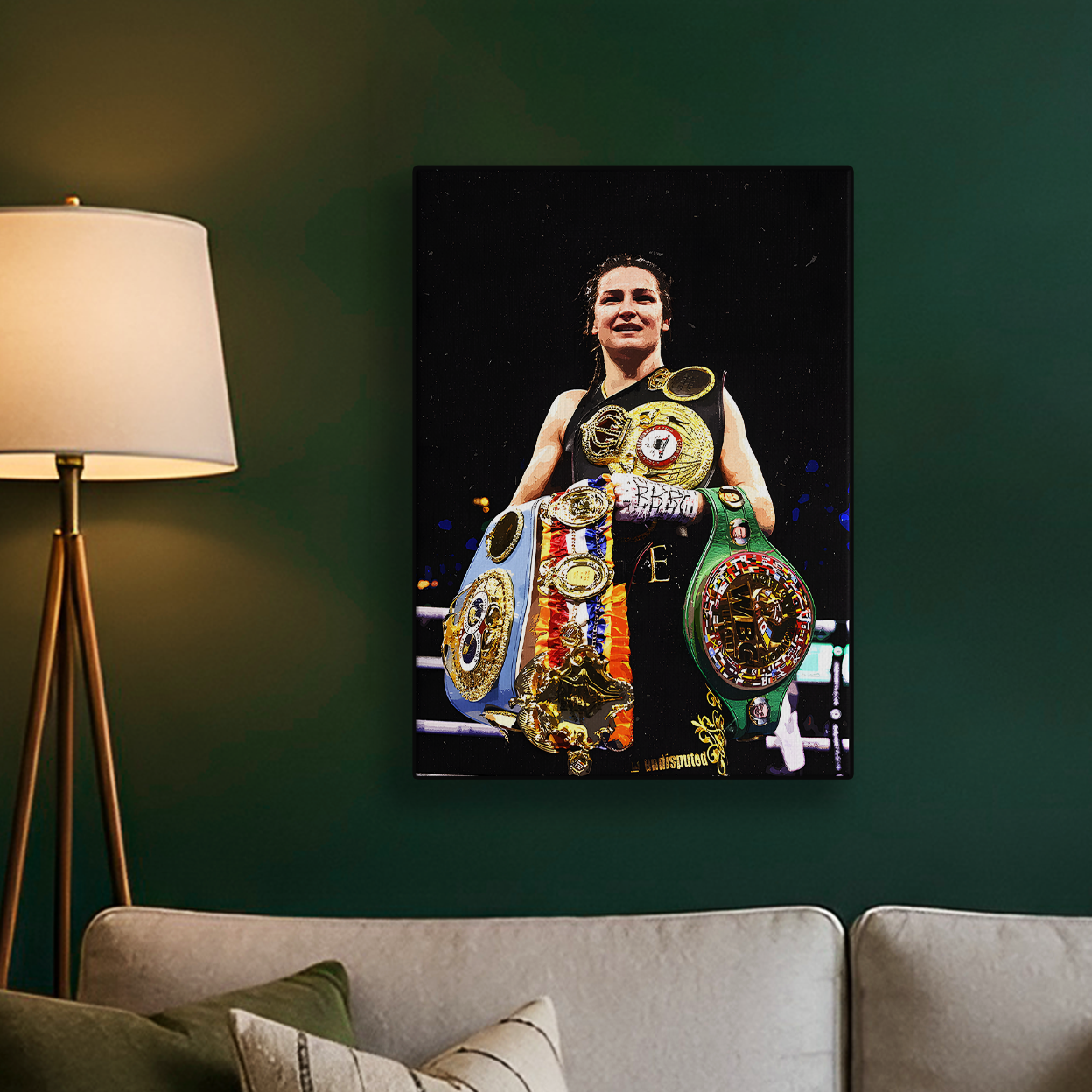 Boxer Katie Taylor holding her championship belts